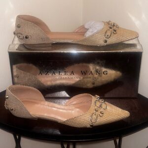 Beige Woven Slingback Flats with Silver Buckle Detail